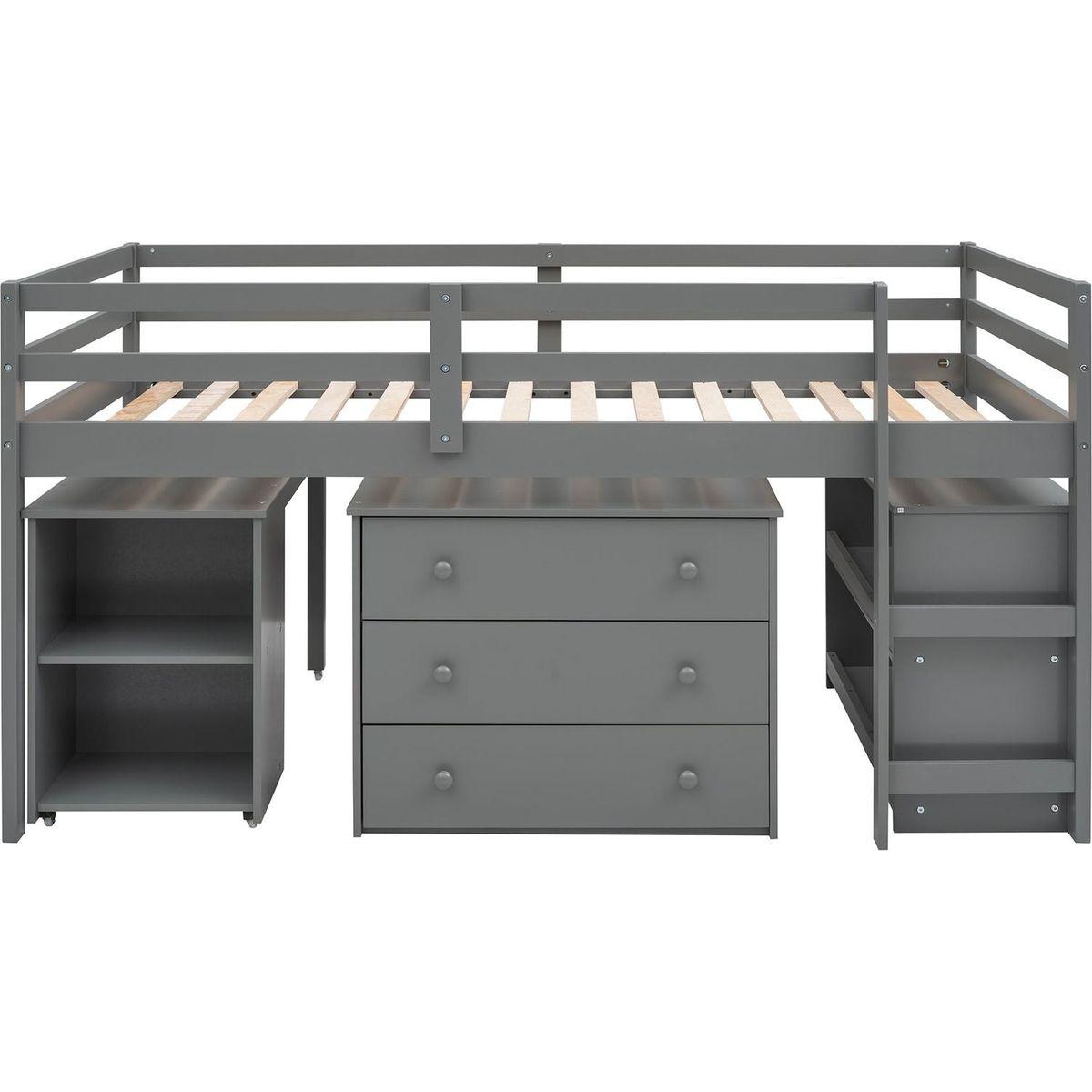 Low Study Twin Loft Bed with Cabinet and Rolling Portable Desk - Gray