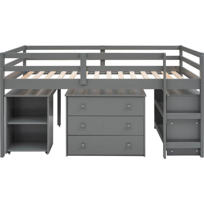 Low Study Twin Loft Bed with Cabinet and Rolling Portable Desk - Gray