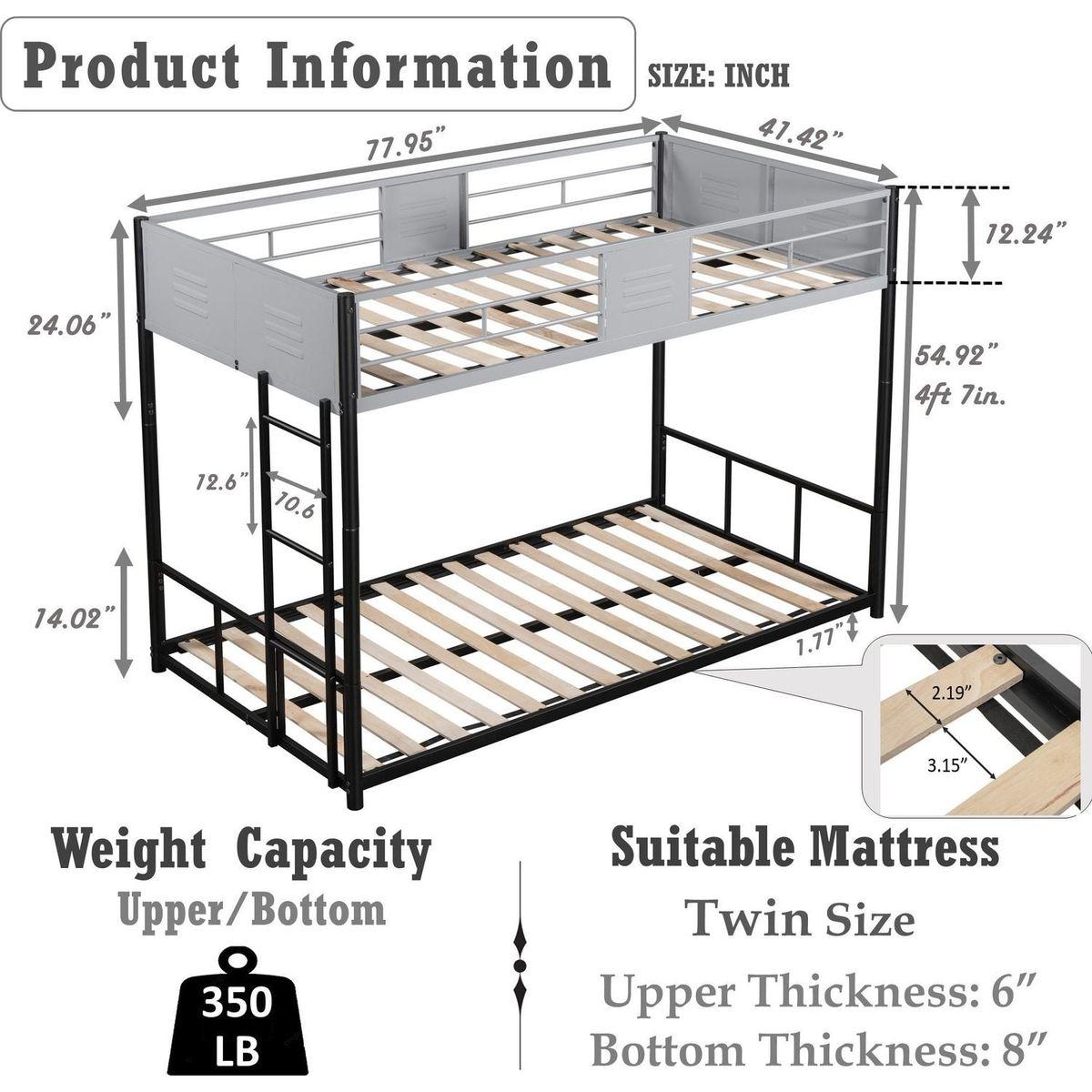 Metal Twin over Twin Bunk Bed with Vent Board/ Heavy-duty Sturdy Metal/ Noise Reduced/ Safety Guardrail/ CPC Certified