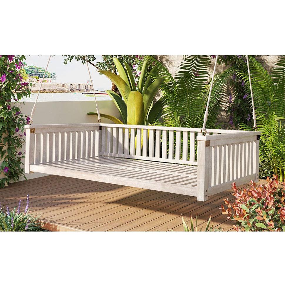 Patio Minimalist Twin Size Garden Swing Bed Wood Porch Swing with Ropes for Backyard, Safe Sloped Design, White