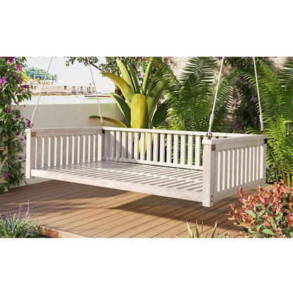 Patio Minimalist Twin Size Garden Swing Bed Wood Porch Swing with Ropes for Backyard, Safe Sloped Design, White