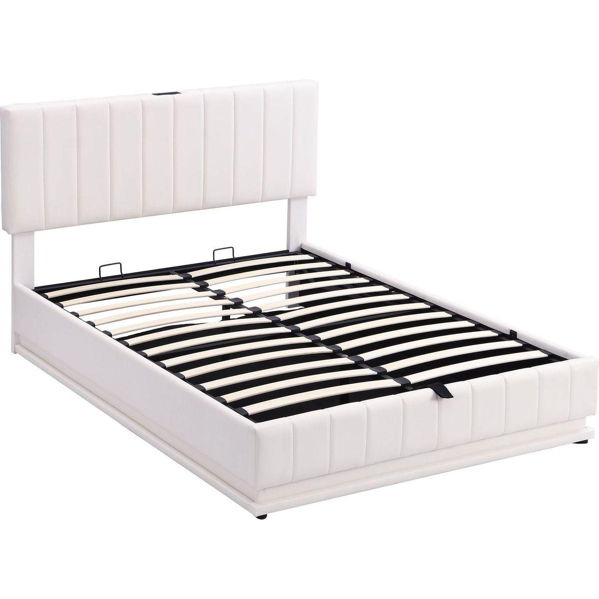 Full Size Upholstered Bed with Hydraulic Storage System and LED Light, Modern Platform Bed with Sockets and USB Ports, White