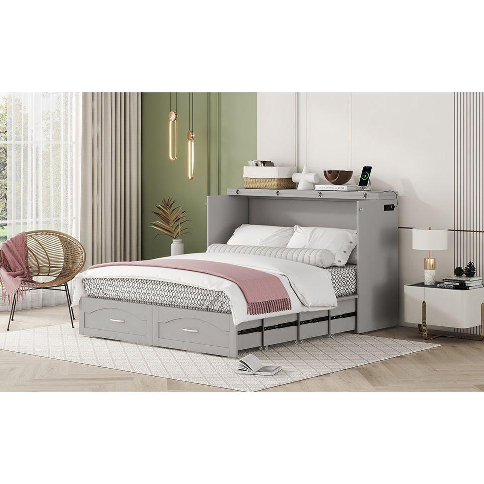 Queen Size Murphy Bed Wall Bed with drawer and a set of Sockets & USB Ports, Pulley Structure Design, Gray