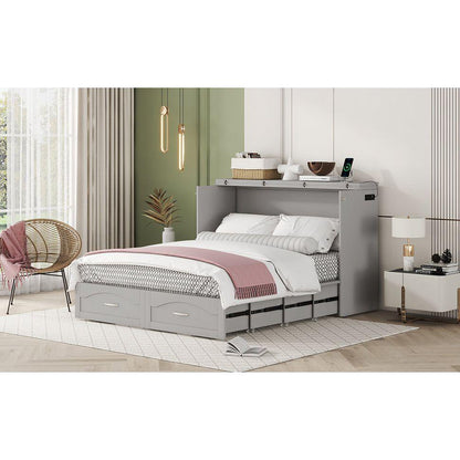 Queen Size Murphy Bed Wall Bed with drawer and a set of Sockets & USB Ports, Pulley Structure Design, Gray