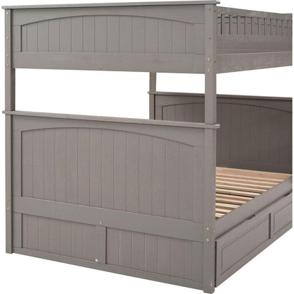 Full Over Full Bunk Bed with Twin Size Trundle, Pine Wood Bunk Bed with Guardrails, Brushed Gray