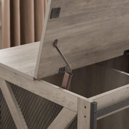 Farmhouse Dog Cage Crate Furniture with Sliding Barn Door, Farmhouse Wooden Dog Kennel End Table with Flip-top Plate Dog House with Detachable Divider for Small/Medium/Large Dog Gray