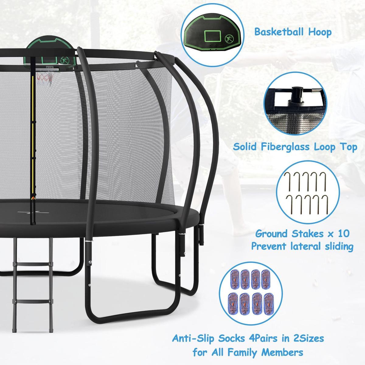 14FT Trampoline for Kids with Upgraded ArcPole and Composite TopLoop for Safety Enclosure, Plus Basketball Board and 10 Ground Stakes, Outdoor Recreational Playset Balance Physical Training Trampoline