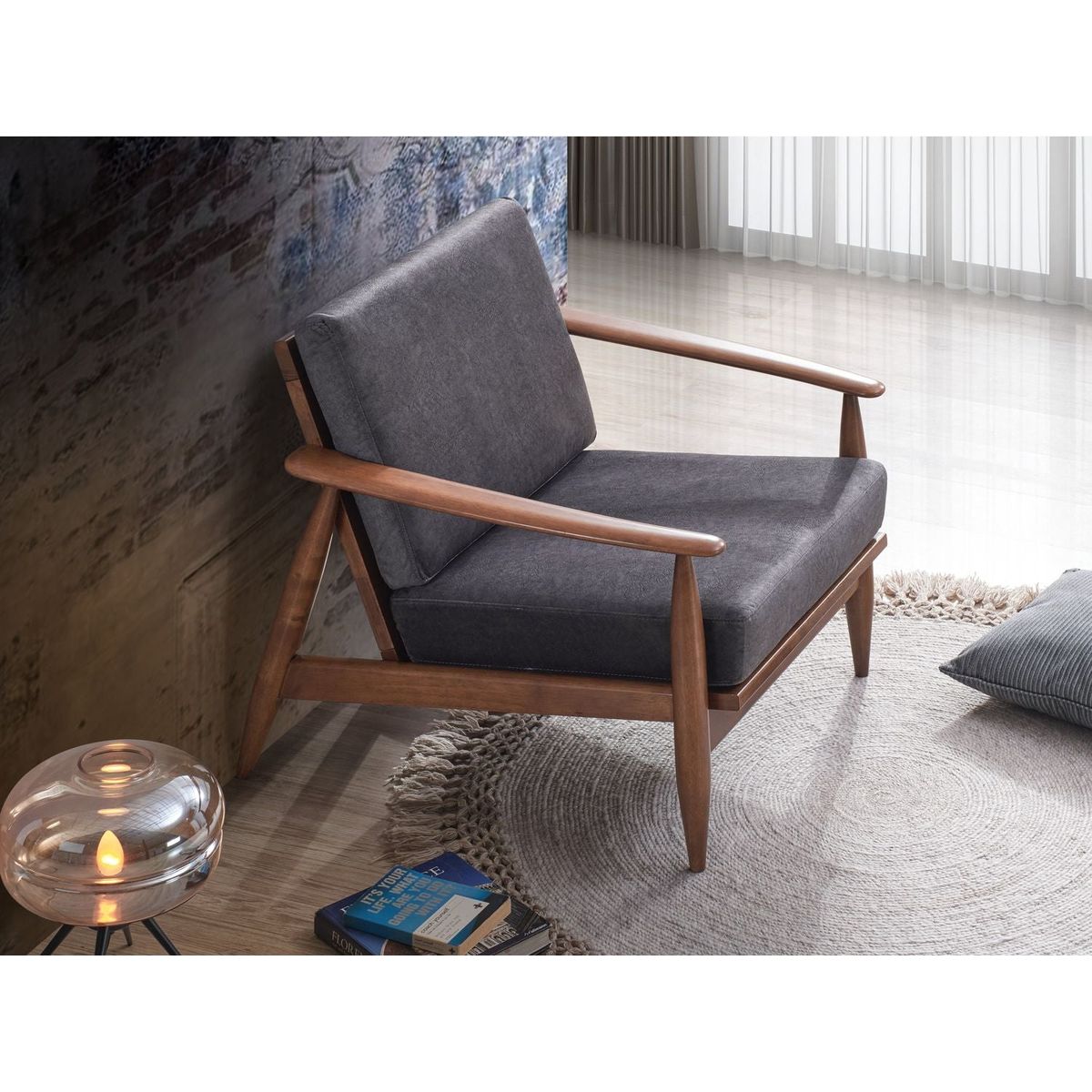 Alisa Accent Chair, Charcoal Fabric & Brown Finish