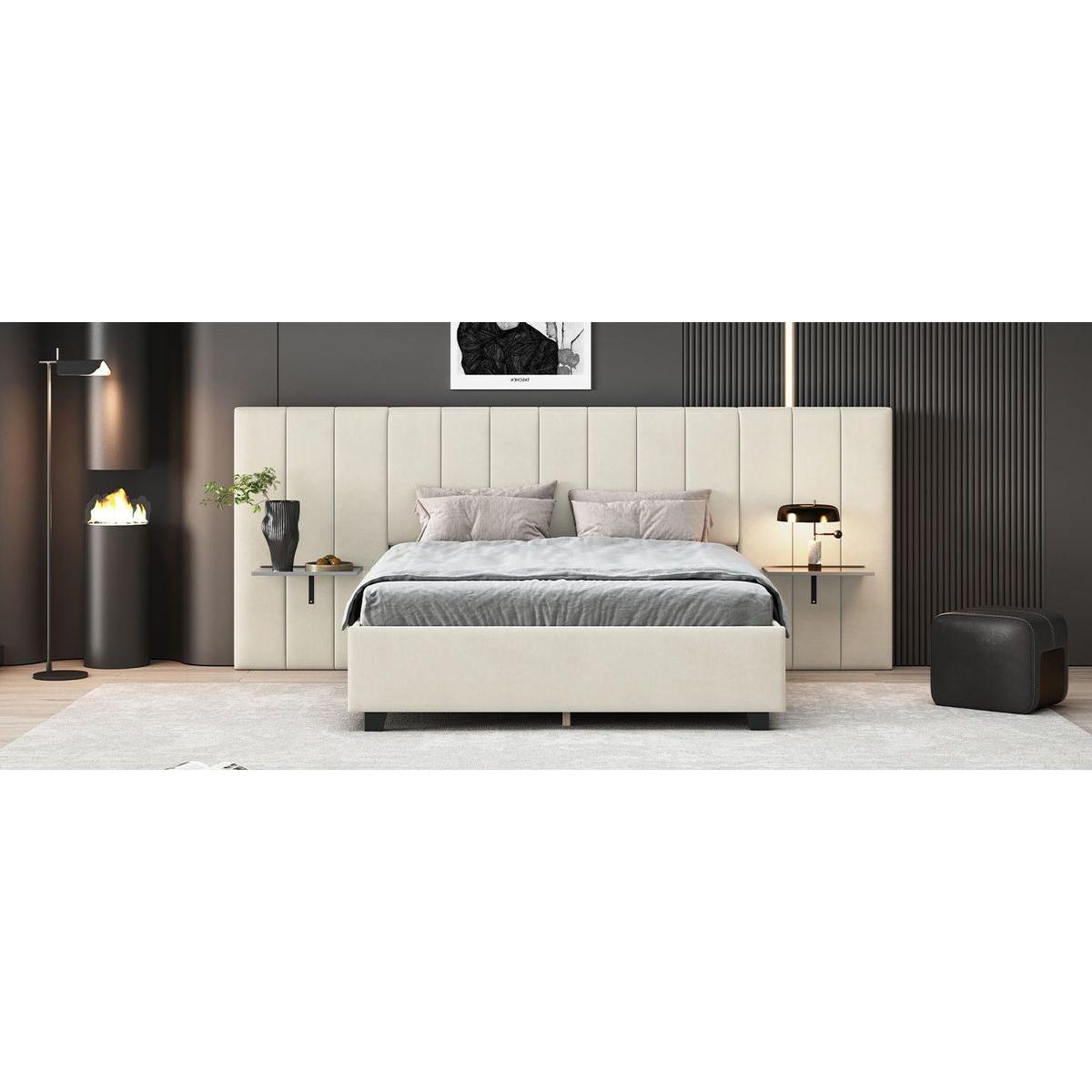 Queen Size Upholstered Platform Bed with Big Headboard, Bedroom Furniture, Velvet, Beige