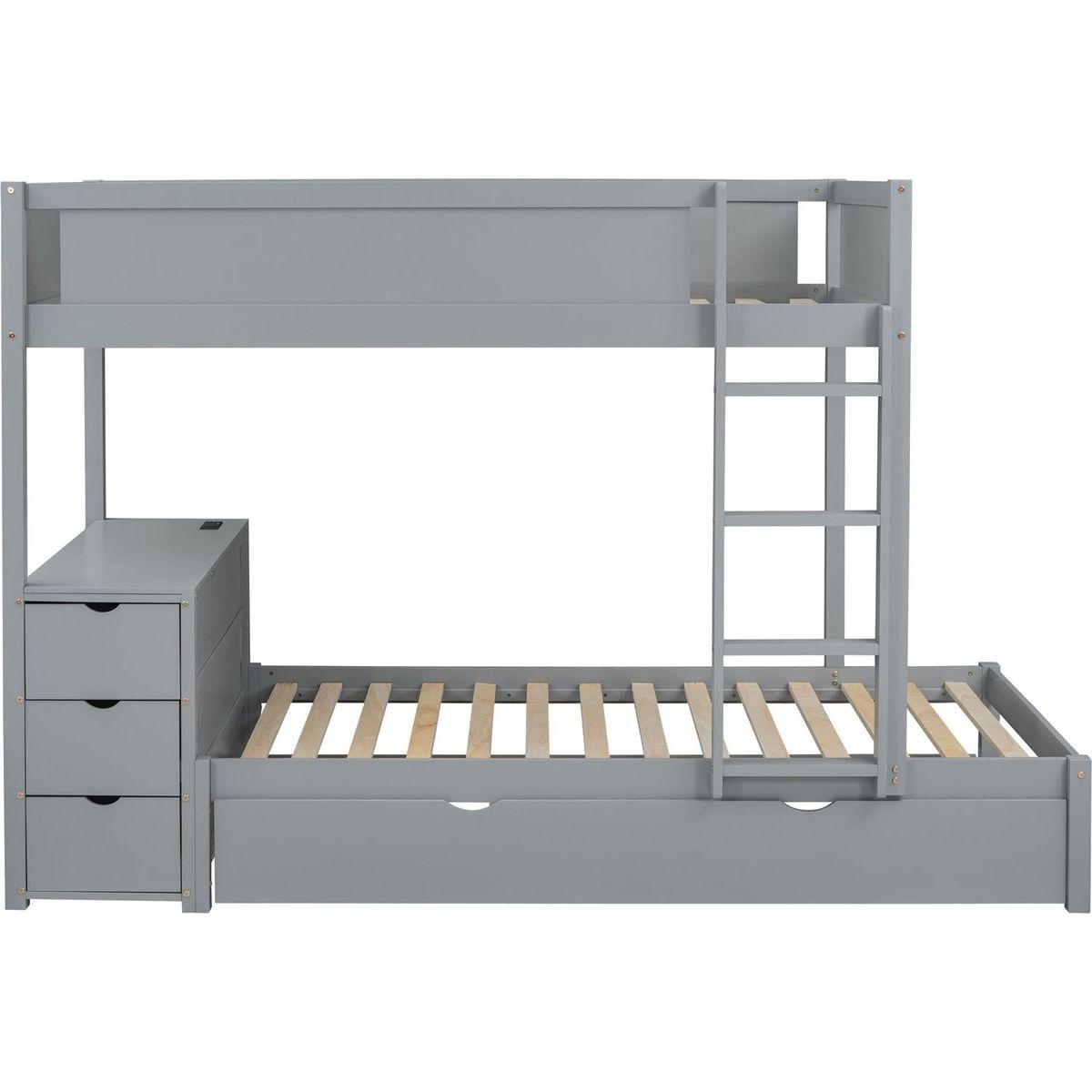 Twin-Over-Twin Bunk Bed with Twin size Trundle, Storage and Desk, Gray