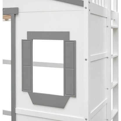 Twin Size House Loft Bed With Ladder-White+Gray Frame