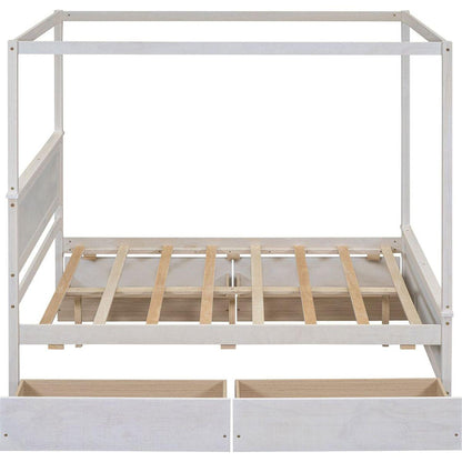 Wood Canopy Bed with four Drawers, Full Size Canopy Platform Bed With Support Slats .No Box Spring Needed, Brushed White