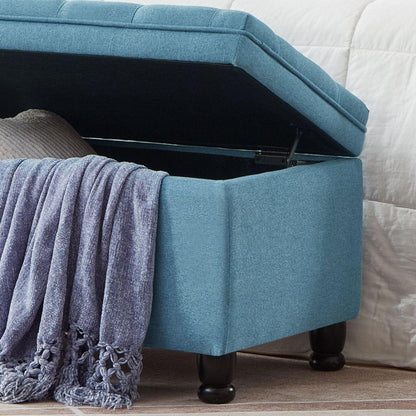 Upholstered tufted button storage bench, Linen fabric entry bench with spindle wooden legs, Bed bench- Light Blue