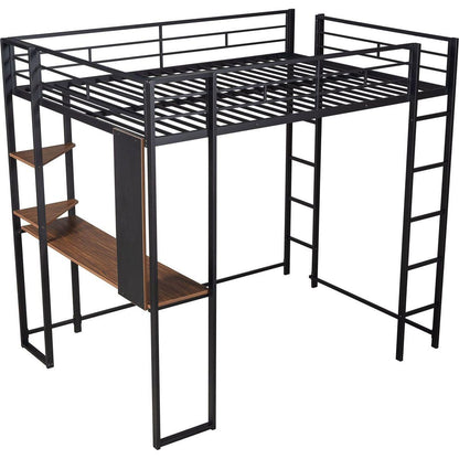 Full Size Metal Loft Bed with 2 Shelves and one Desk, Black
