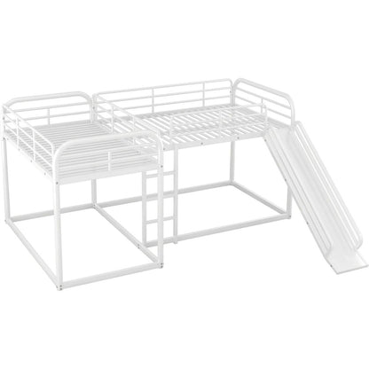 Full and Twin Size L-Shaped Bunk Bed with Slide and Short Ladder, White