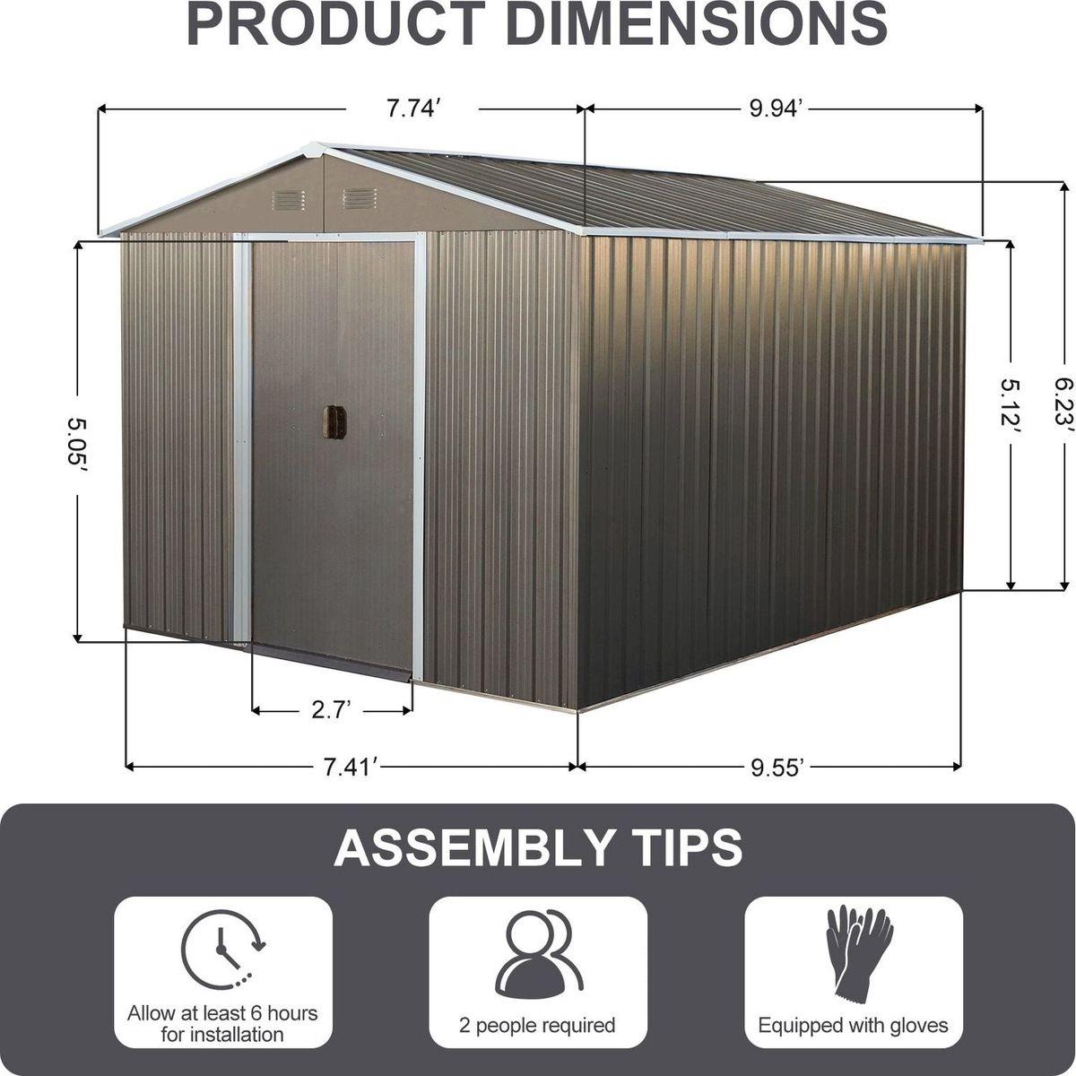 8x10ft Outdoor Metal Storage Shed Grey