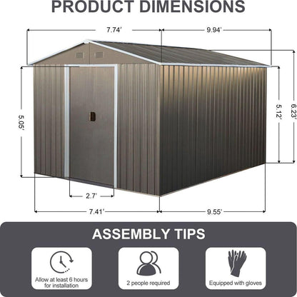 8x10ft Outdoor Metal Storage Shed Grey