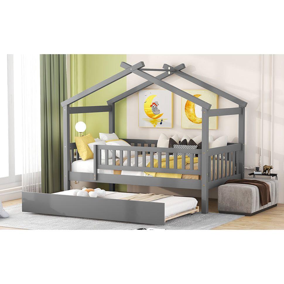 Twin Size Wooden House Bed with Twin Size Trundle, Gray