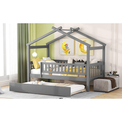 Twin Size Wooden House Bed with Twin Size Trundle, Gray