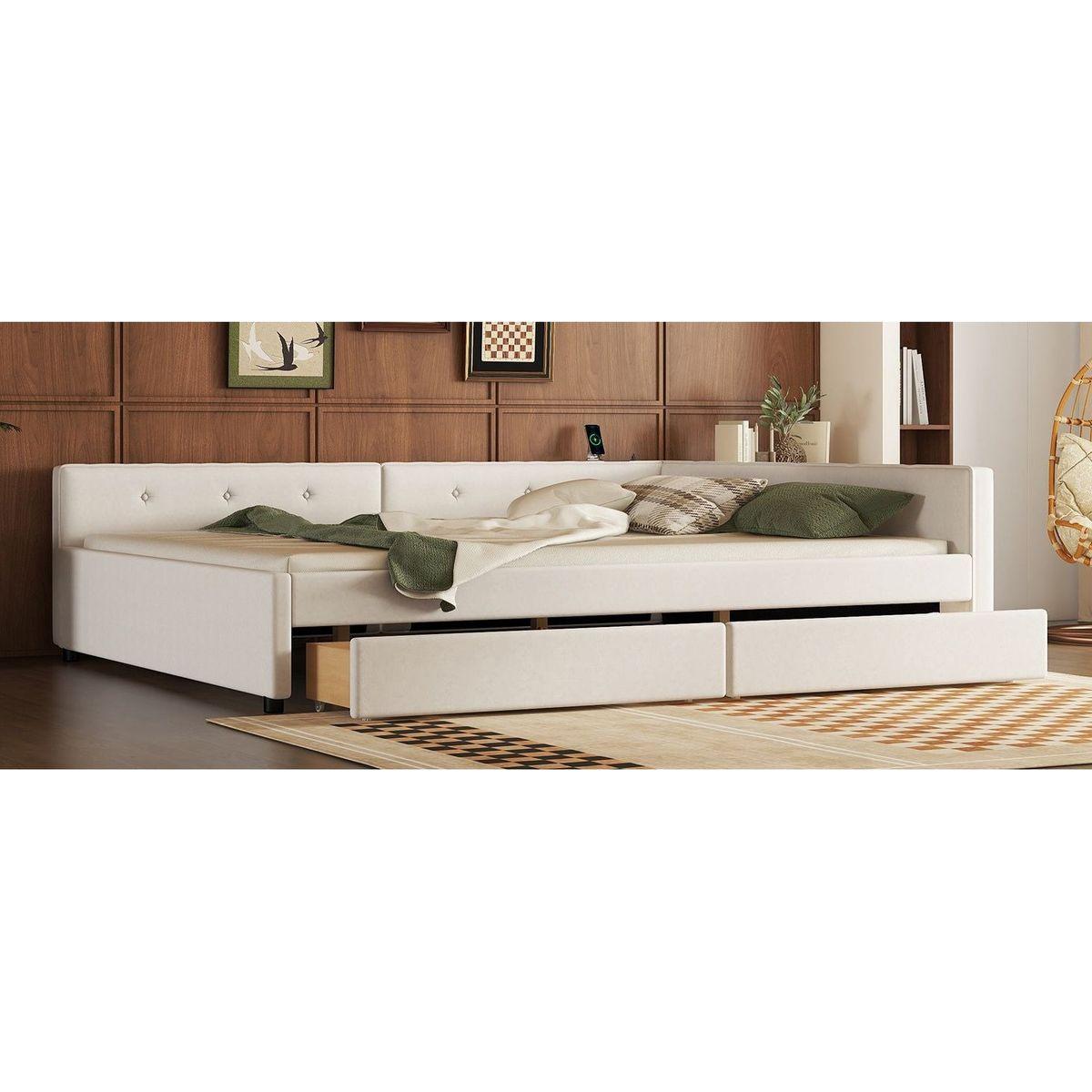 Queen Size Upholstered Platform Bed with USB and 2 Drawers, Beige