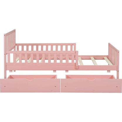 Twin Size Wood Platform Bed with Guardrails on Both Sides and Two Storage Drawers, Pink