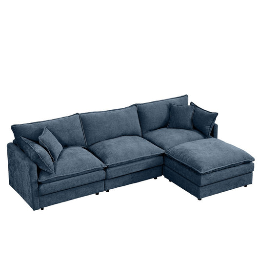 Modern Modular Sectional Sofa 105-Inch L-Shaped Couch Set with Movable Ottoman in Blue Chenille