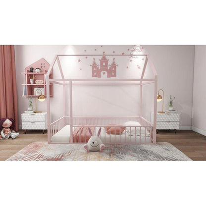 Twin Size Metal Bed House Bed Frame with Fence, for Kids, Teens, Girls, Boys, Pink - Streamdale Furniture