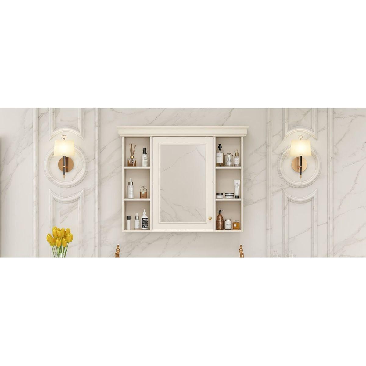 35" x 28" Blue Wall Mounted Bathroom Storage Cabinet with Mirror Door, Modern Bathroom Wall Cabinet with Mirror, Medicine Cabinet with 6 Open Shelves