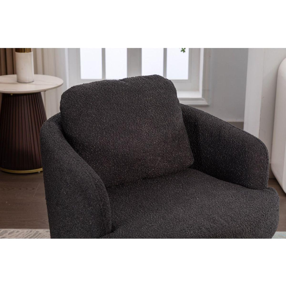 Boucle Fabric Swivel Accent Chair With Soild Wood Round Brown Base Leg,Black