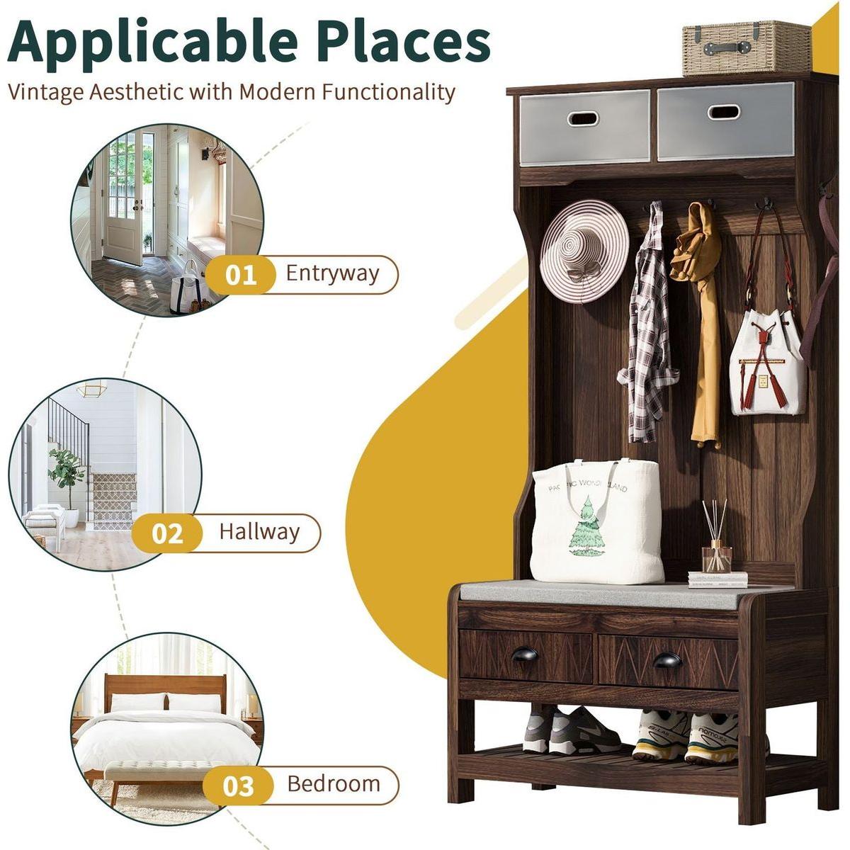 Hall Tree with 6 Hooks and Hinged Lid, Coat Hanger, Entryway Bench, Storage Bench, 3-in-1 Design, 69INCH, for Entrance, Hallway