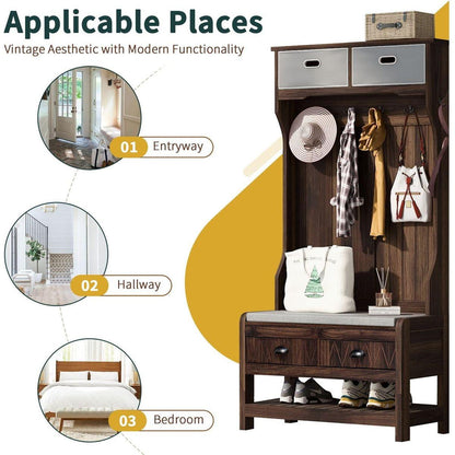 Hall Tree with 6 Hooks and Hinged Lid, Coat Hanger, Entryway Bench, Storage Bench, 3-in-1 Design, 69INCH, for Entrance, Hallway