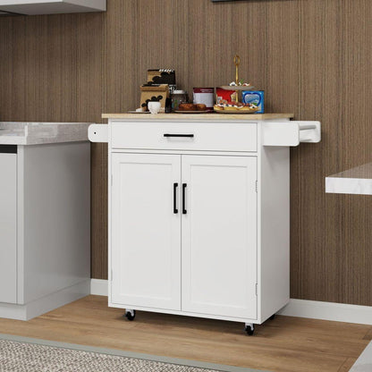 Kitchen island rolling trolley cart with 1 drawer & 2 doors with storage racks & Adjustable Shelves & towel rack & seasoning rack rubber wood table top-White - Streamdale Furniture