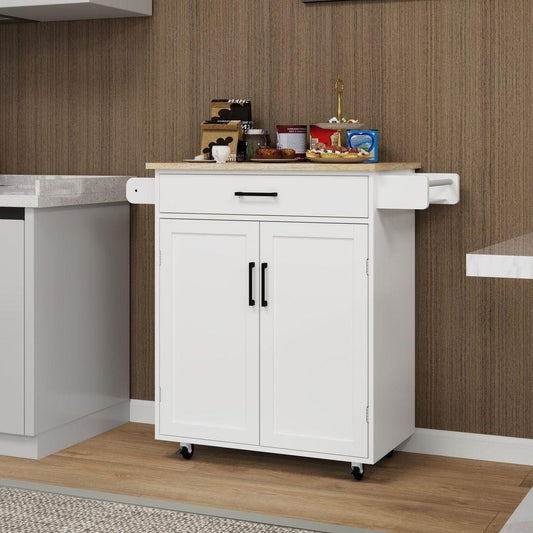 Kitchen island rolling trolley cart with 1 drawer & 2 doors with storage racks & Adjustable Shelves & towel rack & seasoning rack rubber wood table top-White - Streamdale Furniture