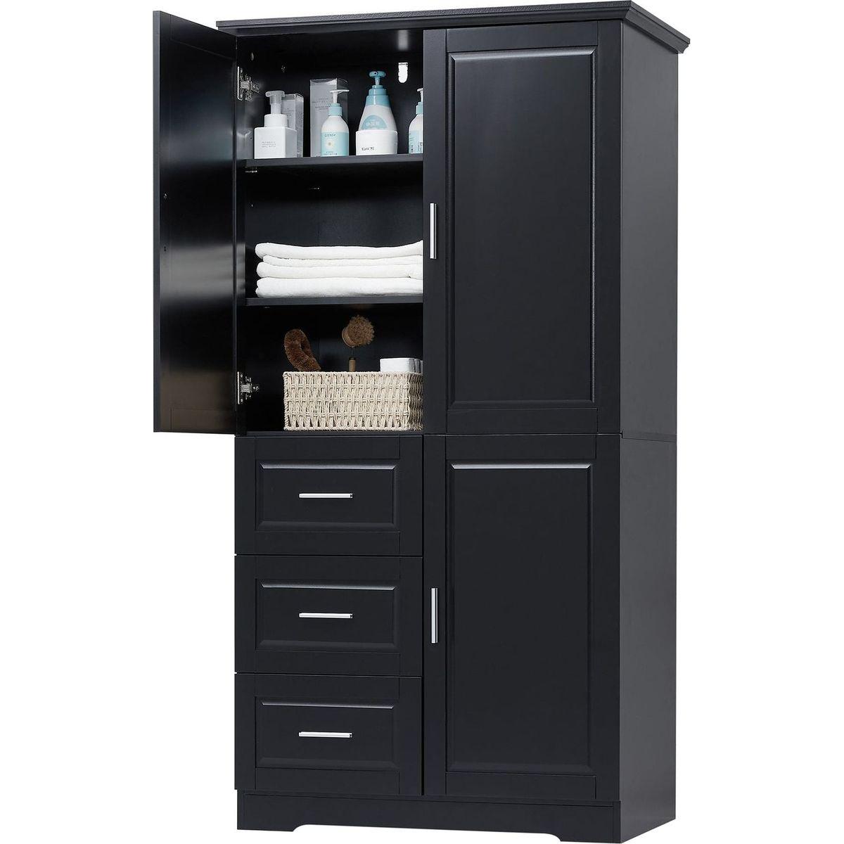 Tall and Wide Storage Cabinet with Doors for Bathroom/Office, Three Drawers, Black