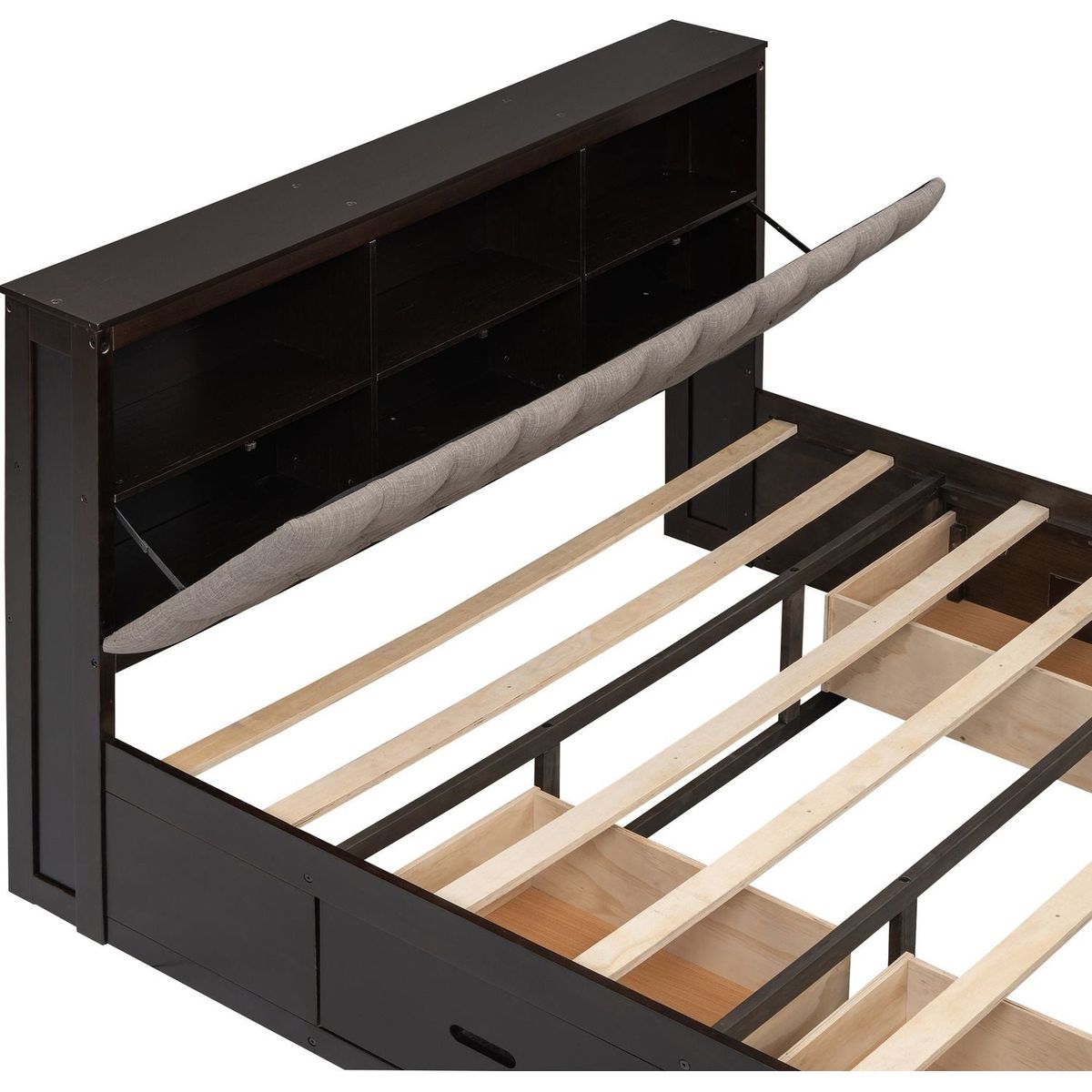 Wood Queen Size Platform Bed with Storage Headboard, shoe rack and 4 drawers,Espresso