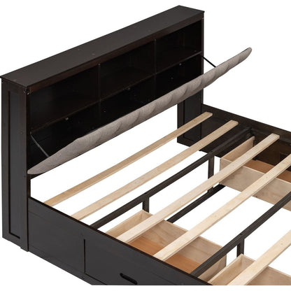 Wood Queen Size Platform Bed with Storage Headboard, shoe rack and 4 drawers,Espresso