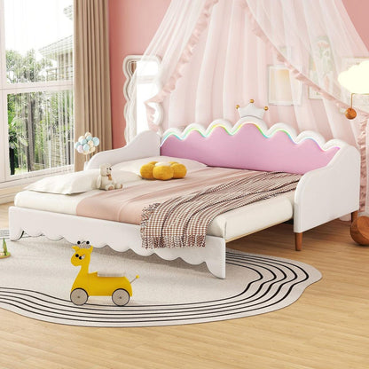 Twin Extending Daybed with LED Lights, Modern Upholstered Princess Daybed With Crown Headboard,White - Streamdale Furniture