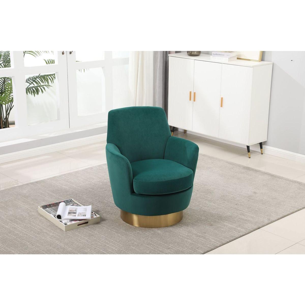 Velvet Swivel Barrel Chair, Swivel Accent Chairs Armchair for Living Room, Reading Chairs for Bedroom Comfy, Round Barrel Chairs with Gold Stainless Steel Base (Emerald)
