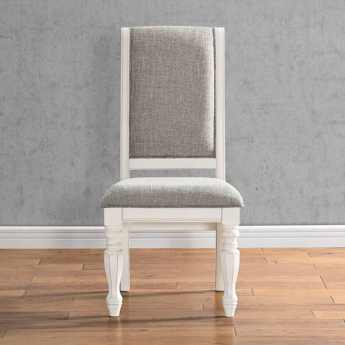 Belleza Antique White Solid Wood Upholstered Dining Chairs, Set of 2