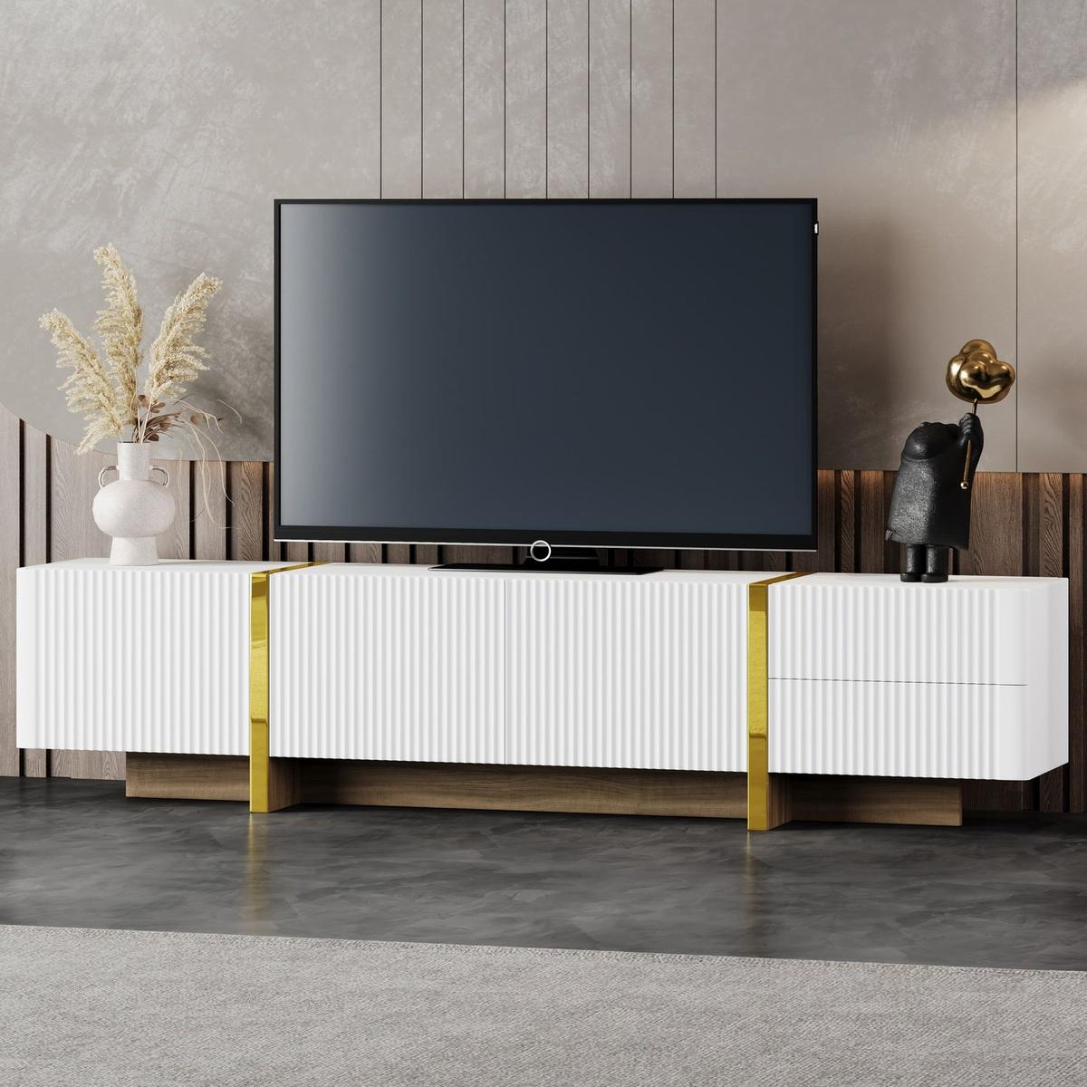 Luxury Fluted TV Stand for TVs Up to 80", Modern Entertainment Center with Storage Cabinets & Drawers, Smooth Media Console with Golden Wood Grain Legs for Living Room, White