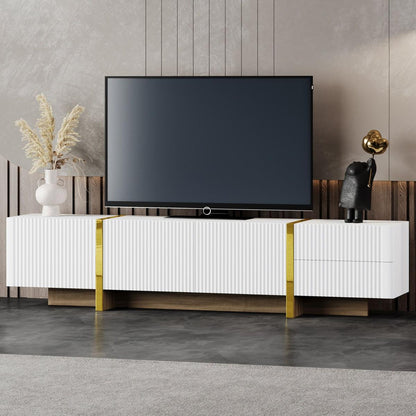Luxury Fluted TV Stand for TVs Up to 80", Modern Entertainment Center with Storage Cabinets & Drawers, Smooth Media Console with Golden Wood Grain Legs for Living Room, White
