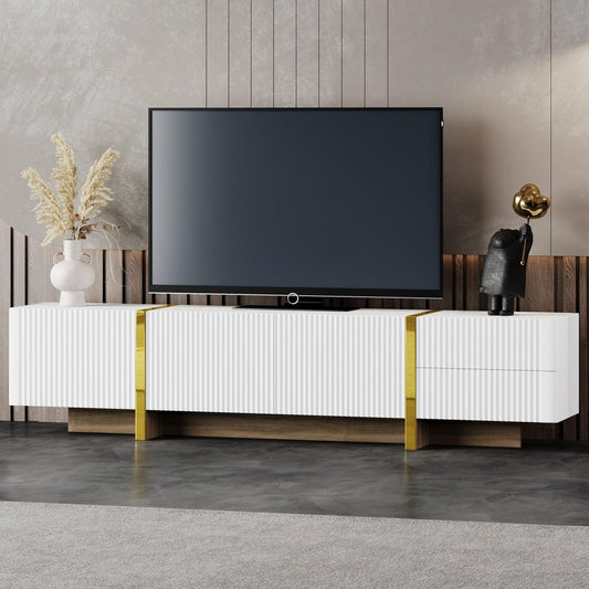 Luxury Fluted TV Stand for TVs Up to 80", Modern Entertainment Center with Storage Cabinets & Drawers, Smooth Media Console with Golden Wood Grain Legs for Living Room, White