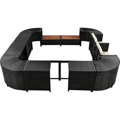 Spa Surround Spa Frame Quadrilateral Outdoor Rattan Sectional Sofa Set with Mini Sofa,Wooden Seats and Storage Spaces, Beige