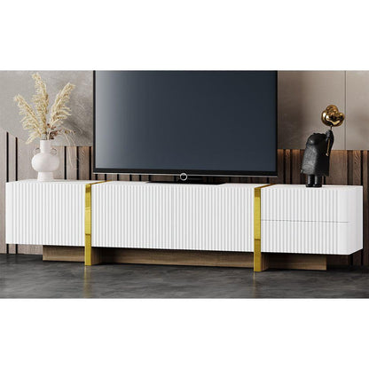 Luxury Fluted TV Stand for TVs Up to 80", Modern Entertainment Center with Storage Cabinets & Drawers, Smooth Media Console with Golden Wood Grain Legs for Living Room, White