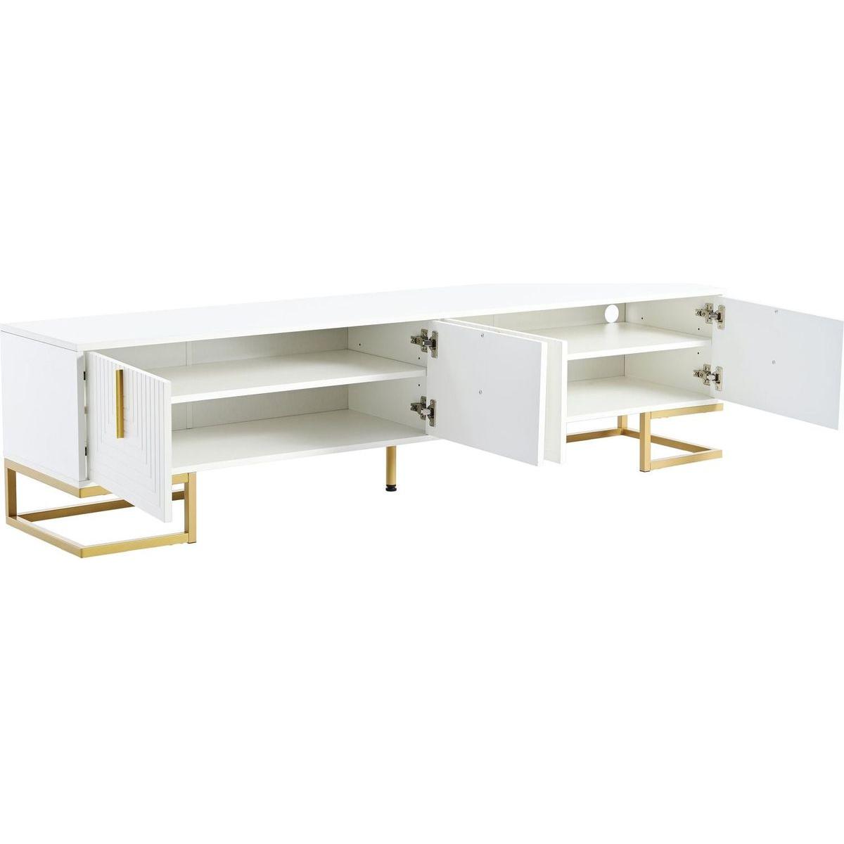 Modern TV Stand with Metal Legs and Gold Handles for TVs Up to 80", Media Console Table with Cabinets and Adjustable Shelves, Luxury TV Cabinet with Geometric Lines for Living Room, White