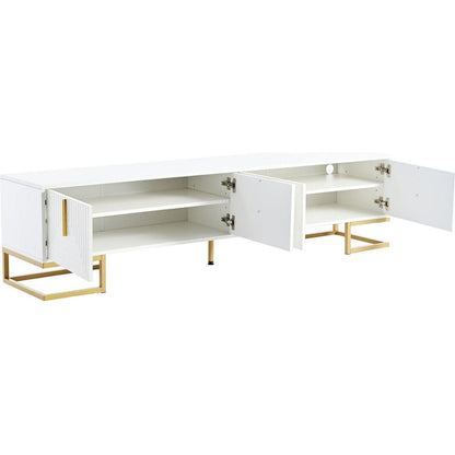 Modern TV Stand with Metal Legs and Gold Handles for TVs Up to 80", Media Console Table with Cabinets and Adjustable Shelves, Luxury TV Cabinet with Geometric Lines for Living Room, White