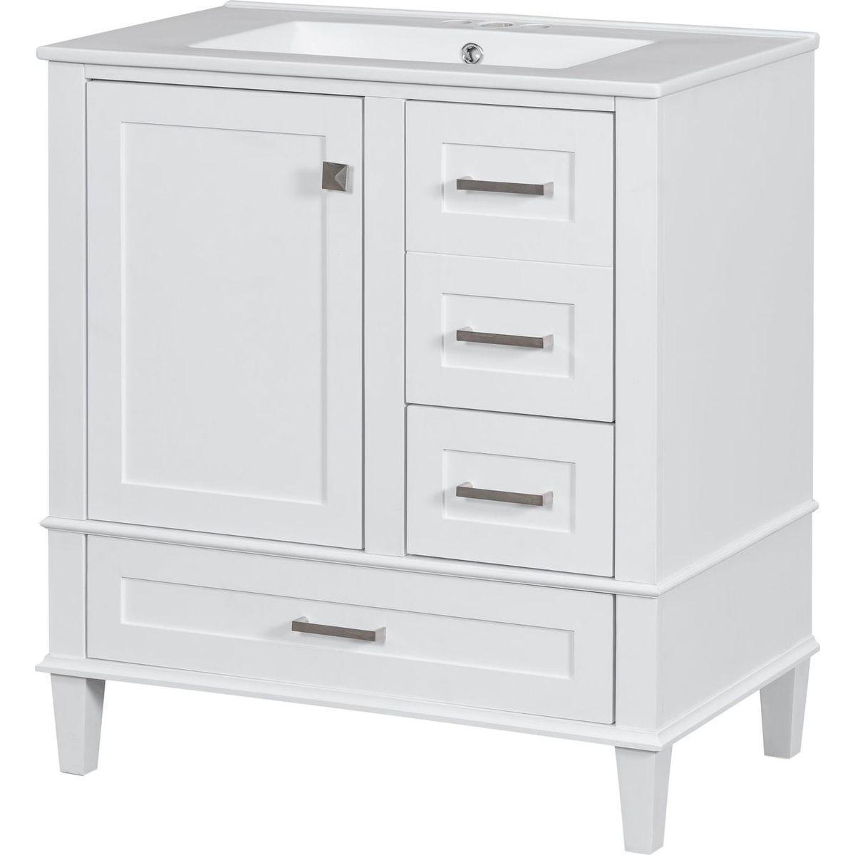 30" Bathroom Vanity, Modern Bathroom Cabinet with Sink Combo Set, Bathroom Storage Cabinet with a Soft Closing Door and 3 Drawers, Solid Wood Frame(White)