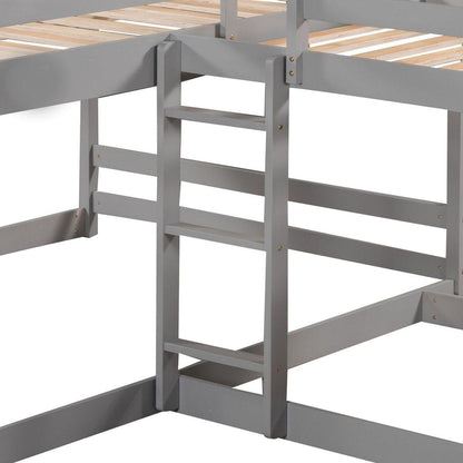 Full and Twin Size L-Shaped Bunk Bed with Slide and Short Ladder,Gray