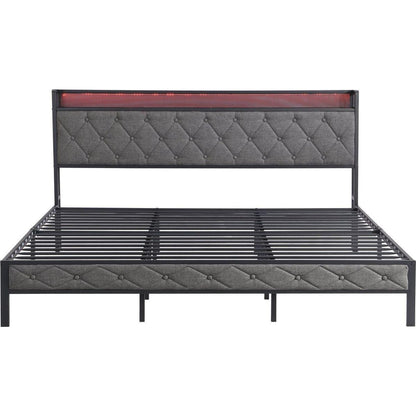 King Bed Frame with Storage Headboard, Charging Station and LED Lights, Upholstered Platform Bed with Heavy Metal Slats, No Box Spring Needed, Noise Free, Easy Assembly, Dark Gray