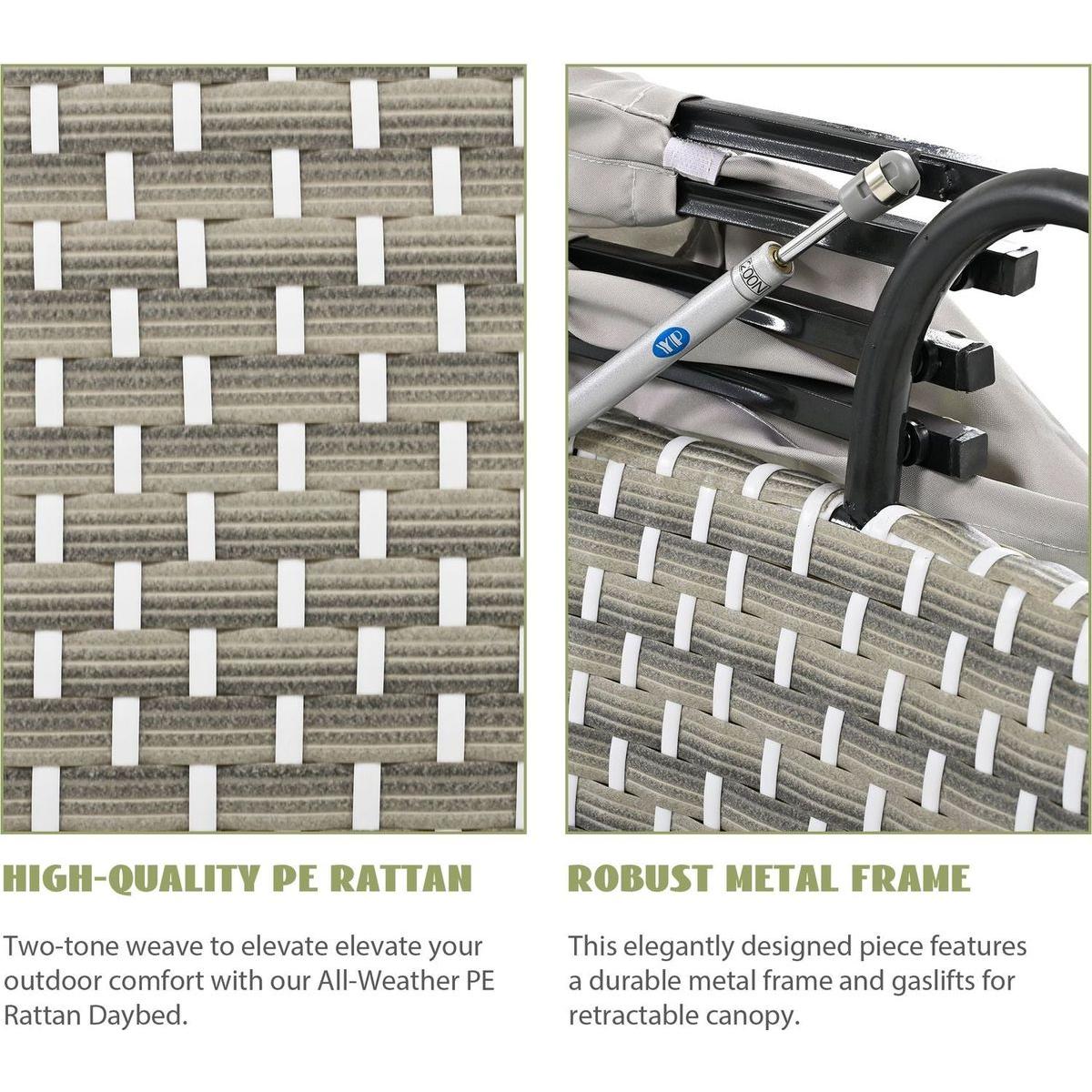 Patio Furniture Round Outdoor Sectional Sofa Set Rattan Daybed Two-Tone Weave Sunbed with Retractable Canopy, Separate Seating and Removable Cushion, Gray